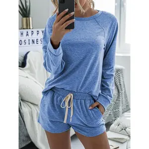 Women’s solid raglan-sleeve tee and drawstring-waist shorts loungewear two-piece set; casual, comfortable round-neck top and pocket shorts pajama set; women’s sleepwear; ladies’ sleepwear for spring and fall; basic dusty blue homewear.