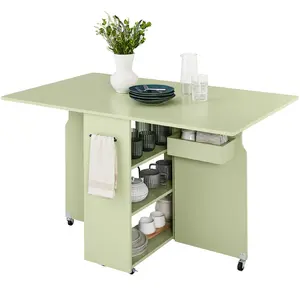 Best Choice Products Multipurpose Folding Table w/ Wheels, 3 Storage Shelves, Cubby, Handle