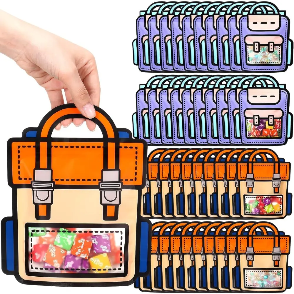 Pack Of 30 Cartoon Backpack Goodie Bags - Clear Plastic Ziplock Candy Bags with Handle, Resealable, Smell Proof, Fantasy Themed, Party Favors, Birthday Bags