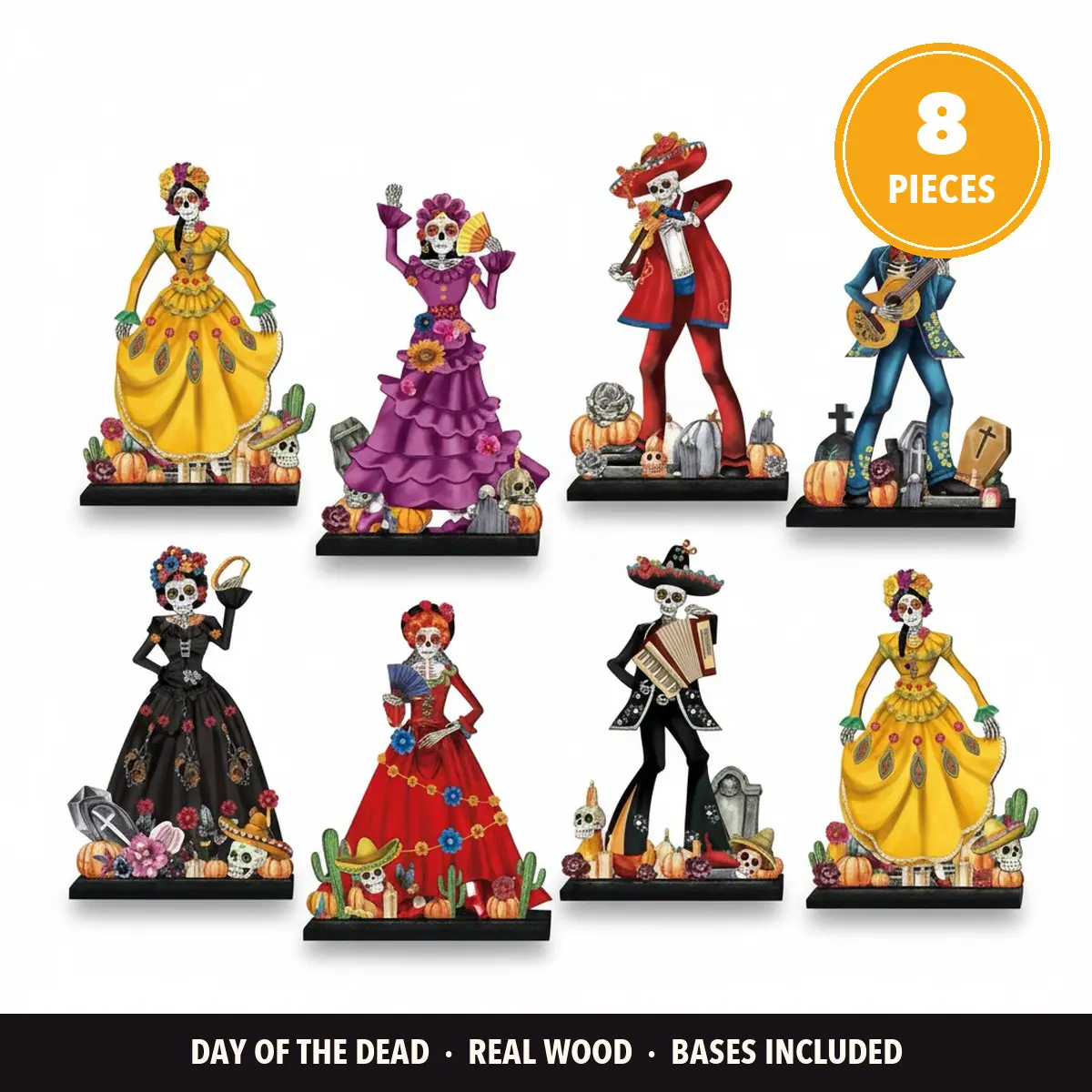 Day of the Dead Decorative Wood Panels, 8 Pcs Laser-Cut Catrina Wood Panel Set with Stands, Dia de los Muertos Tabletop Decor, Sugar Skull Printed Wood Accent Panels for Ofrenda Altar, Mantel, Shelf & Fiesta Party