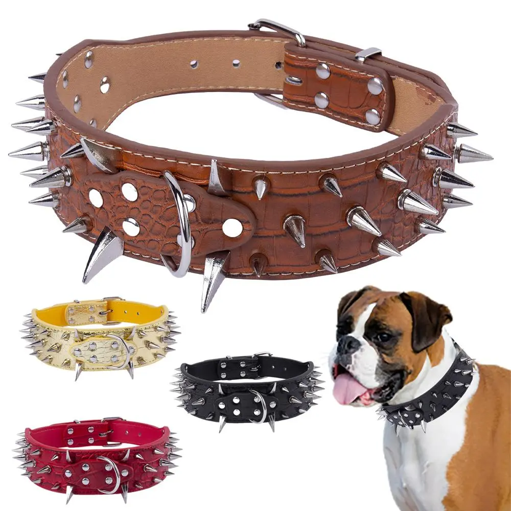2-Inch Anti-Bite Spiked Dog Collar, Adjustable PU Leather Necklace with Heavy-Duty Sharp Rivets, Adjustable Strap for Outdoor Walking, Sizes M-3XL, Medium-Large