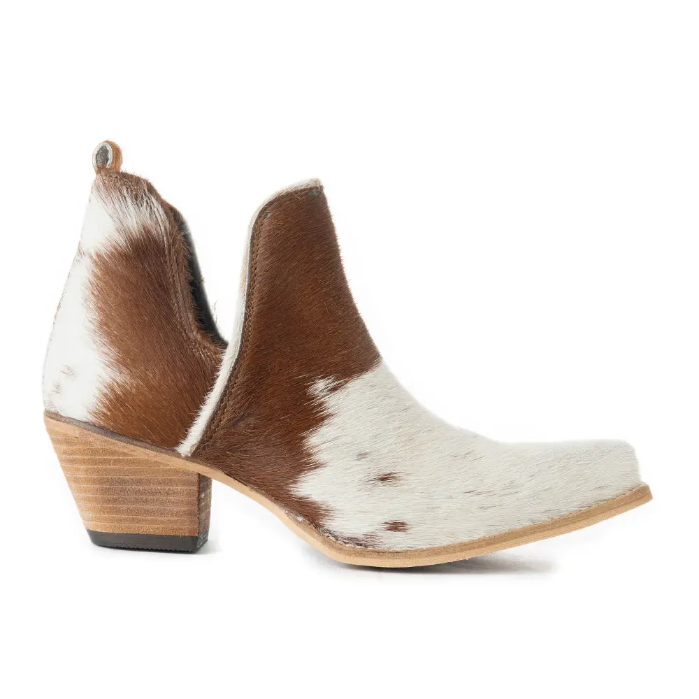 Women's Ankle Boots, Western Hair-On Leather with Unique Cowhide Pattern, Split-Side, Snip Toe & Tapered Mid-Heel, Western Elegance, Tapered Heel, Rodeo Outfit Inspo, Pull On, Split-Side Design, Urban Cowboy, Natural, Western Ootd