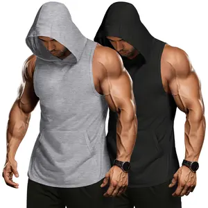 Coofandy Men's 2 Pack Workout Hooded Tank Tops Bodybuilding Muscle Cut Off T Shirt Sleeveless Gym Hoodies Machine Washable Breathable & Stretchy