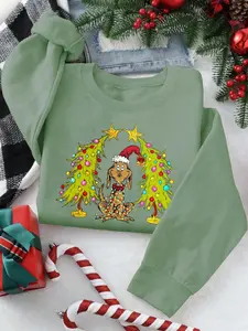 Women's Cartoon Dog & Christmas Tree Print Round Neck Sweatshirt, Casual Long Sleeve Drop Shoulder Pullover for Fall & Winter, Women's Clothes for Daily Wear