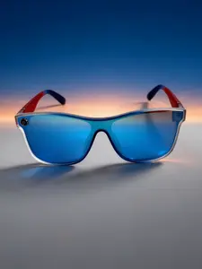 Transparent Frame Blue Women's Streamlined Sunglasses, Summer Colorful Coated Large Rectangle Outdoor Cycling Glasses