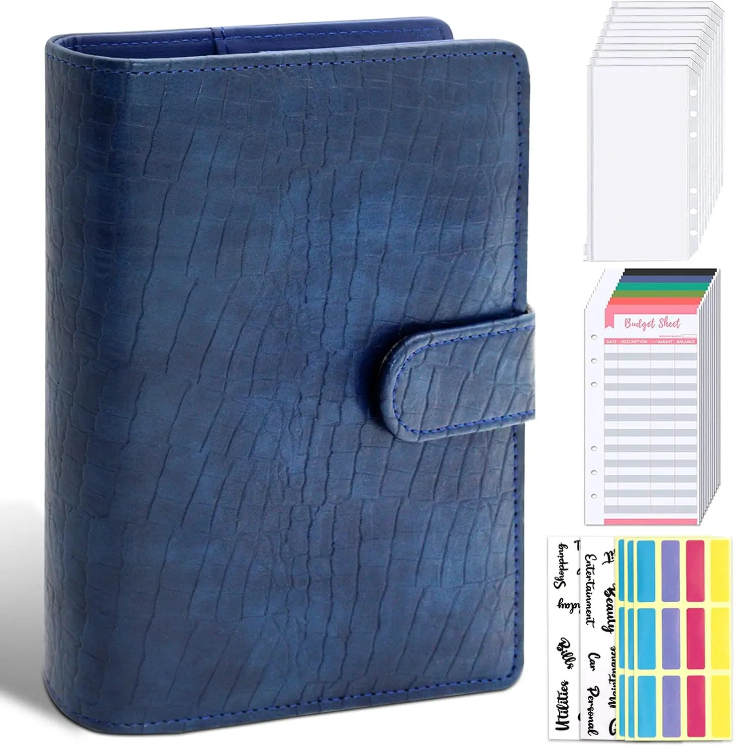 Budget Binder with Zipper Envelopes, Budget Book with Cash Envelopes, Premium Pu Leather A6 Binder with Expense Budget Sheets and Stickers, Savings Binder for Budgeting (Classic Blue)