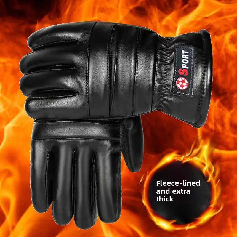Winter men's touch screen leather gloves, piled and thickened, cold-proof, warm and windproof outdoor riding, non-slip large cotton gloves wholesale