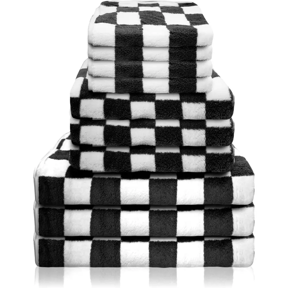 10 Pcs Bath Towels Set Lightweight Soft Coral Fleece Flower Washcloth Checkered Quick Dry Bathroom Towel for Bathroom, Gym, Spa, Beach,(Black, Checkered)