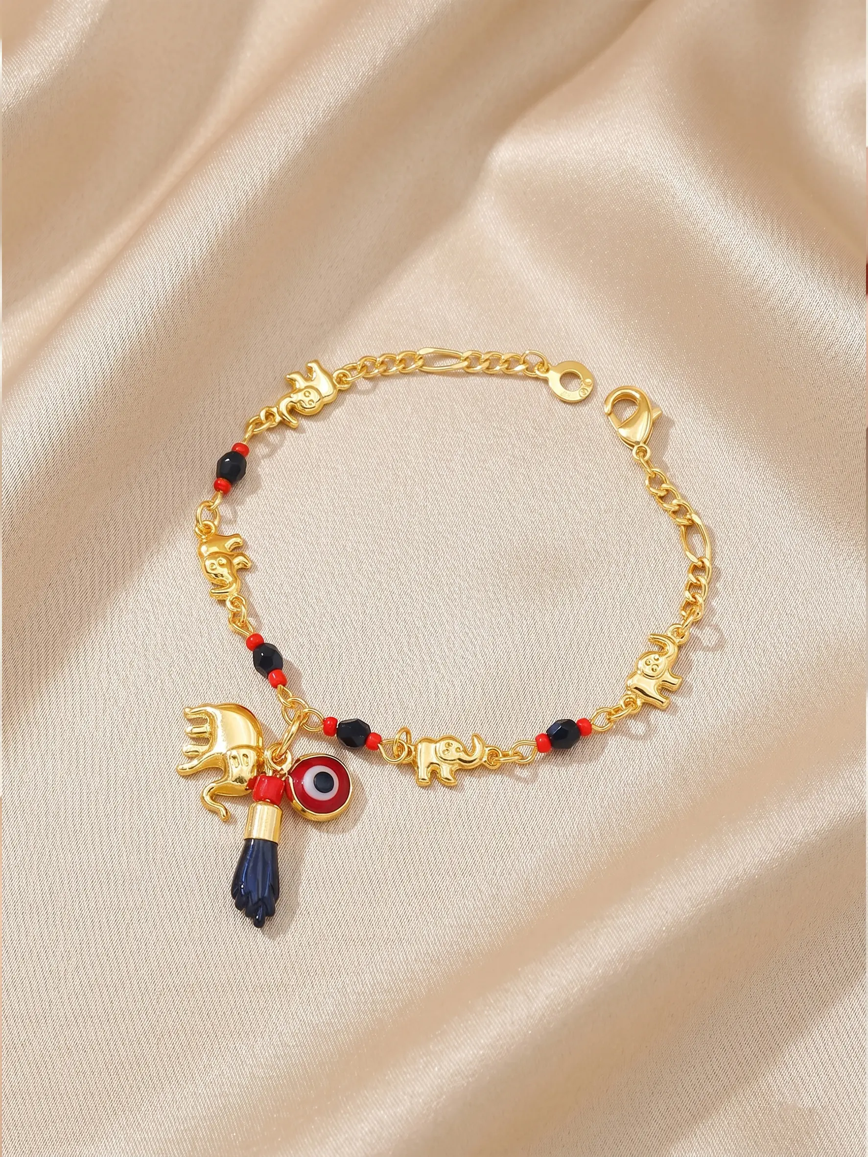 14K Gold-Plated Elephant & "Evil Eye" Bracelet/Anklet — Bohemian Style, Adjustable, Hypoallergenic Jewelry; A Recommended Gift Symbolizing Protection, Fashion Bracelet