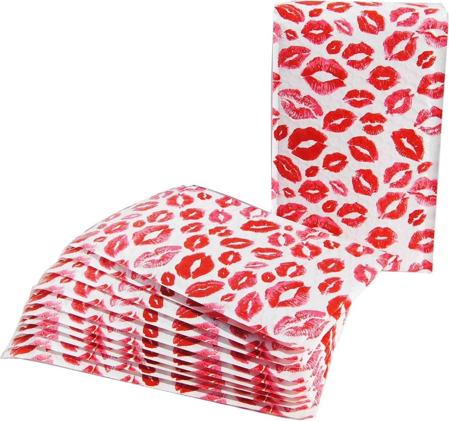 Lips Bubble Poly Mailers Red Kiss for Make Up Lip Gloss LipStick | Self Sealing Padded Envelope Wide Lip Print Waterproof Shipping | Pack of 25 | Size 10 x 6.75"