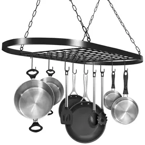 Sorbus Pot and Pan Rack for Ceiling with Hooks and Grid Shelf - Oval Grid Style, Metal, Powder-Coated Finish - Black