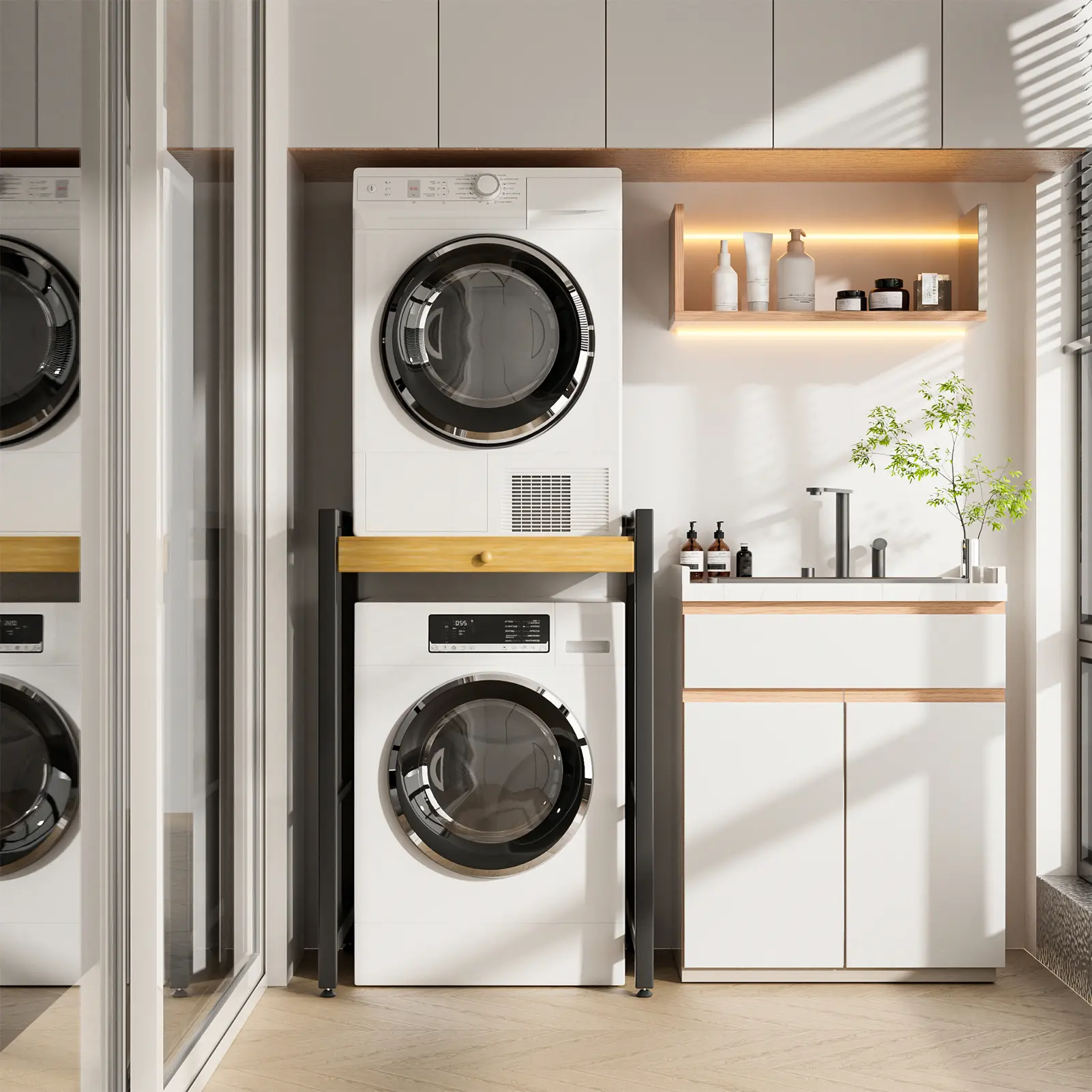 Over The Washer Storage Shelf, Washing Machine Storage Utility Rack with Countertop, Height Adjustable Washing Machine Storage Stand