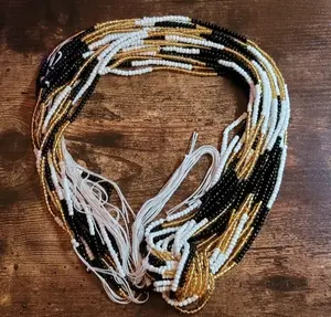 Tie On Body Jewelry - Black, Gold, & White Beauty Waistbeads PLUS SIZE for Women, 55" Length