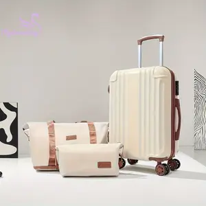 Bags&suitcases 3pcs Vintage-Style Expandable Luggage With Travel Bag And Makeup Bag Set, Suitcase With ABS+PC Shell