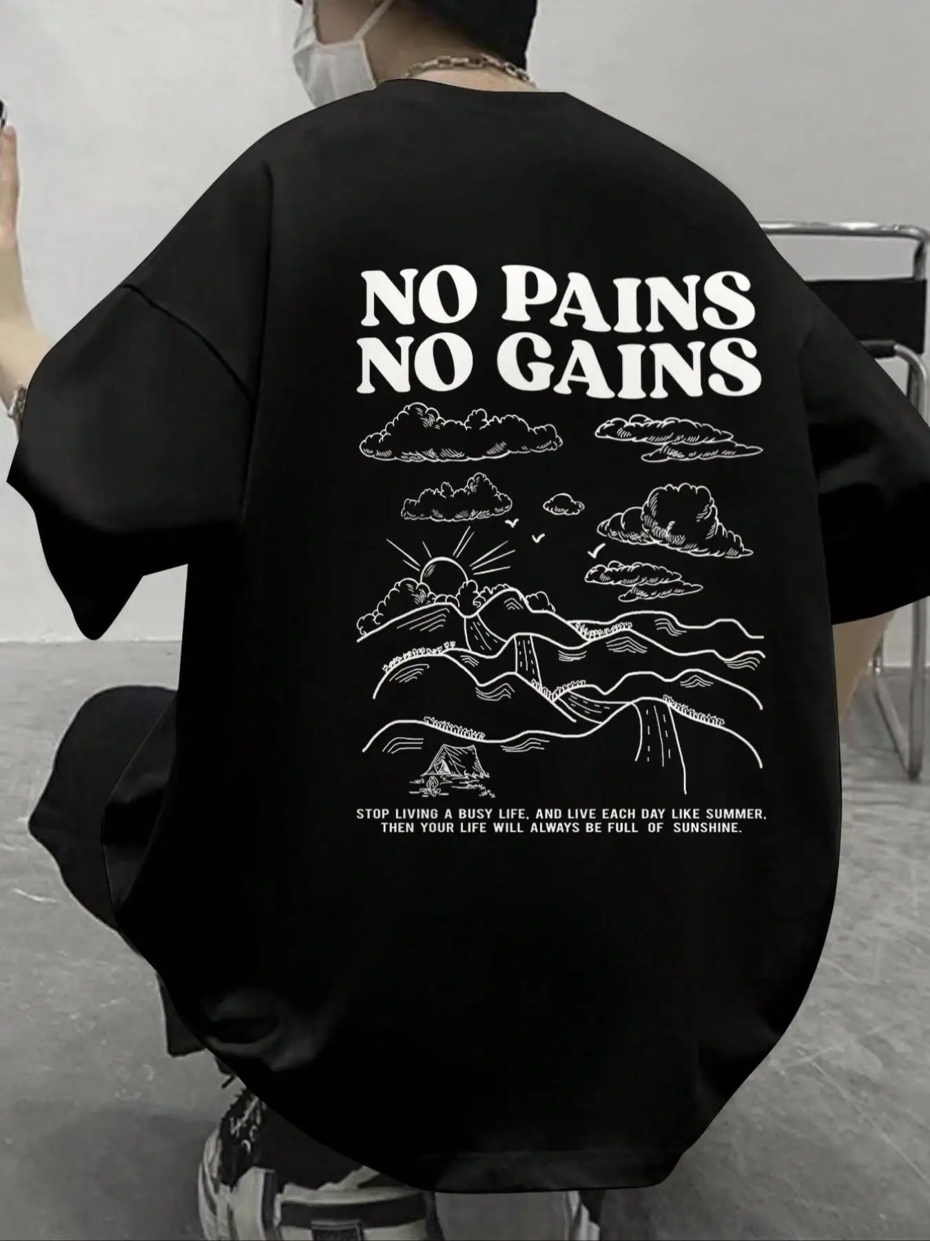 Men's Mountain Print Drop Shoulder Tee Summer Clothes, Regular Fit Casual Comfy Letter Print Round Neck Half Sleeve T-Shirt for Summer, Fashion Men's