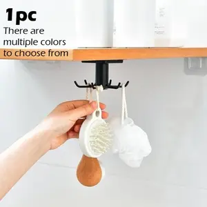 1pc 360 degree rotating kitchen hook, self-adhesive hook wall mounted, plastic hanger for storing cookware, handbags, clothes, and ties, rectangular, space saving organizer, household accessory