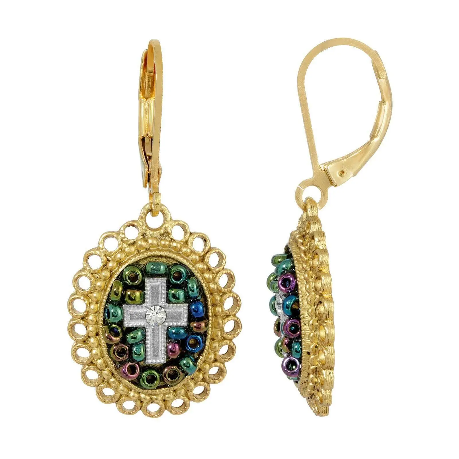 Multi Color Seeded Beads & Crystal Cross Drop Earrings
