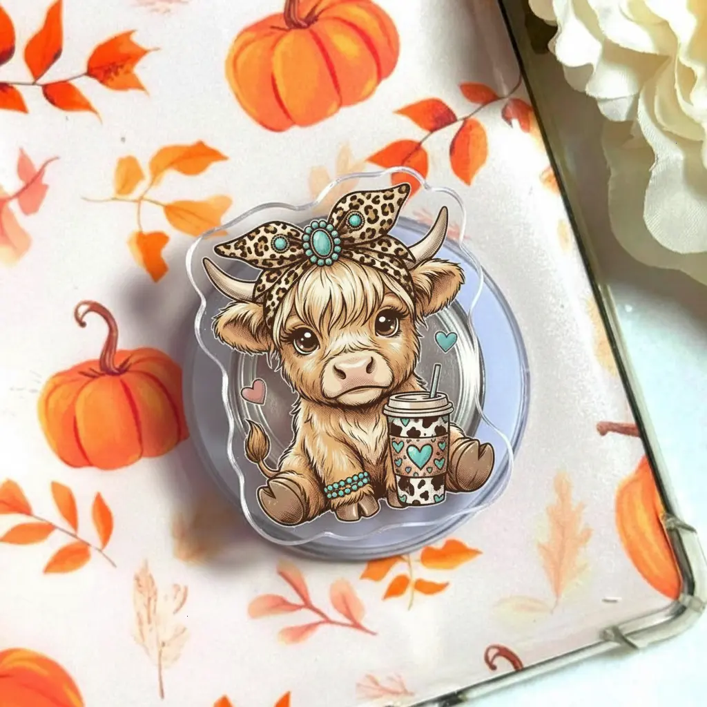 Highland Cow Phone Grip, Leopard Bow Coffee Acrylic Holder, Cute Fluffy Farmhouse Stand, Aesthetic Western Griptok Gift For Her Case Accessory