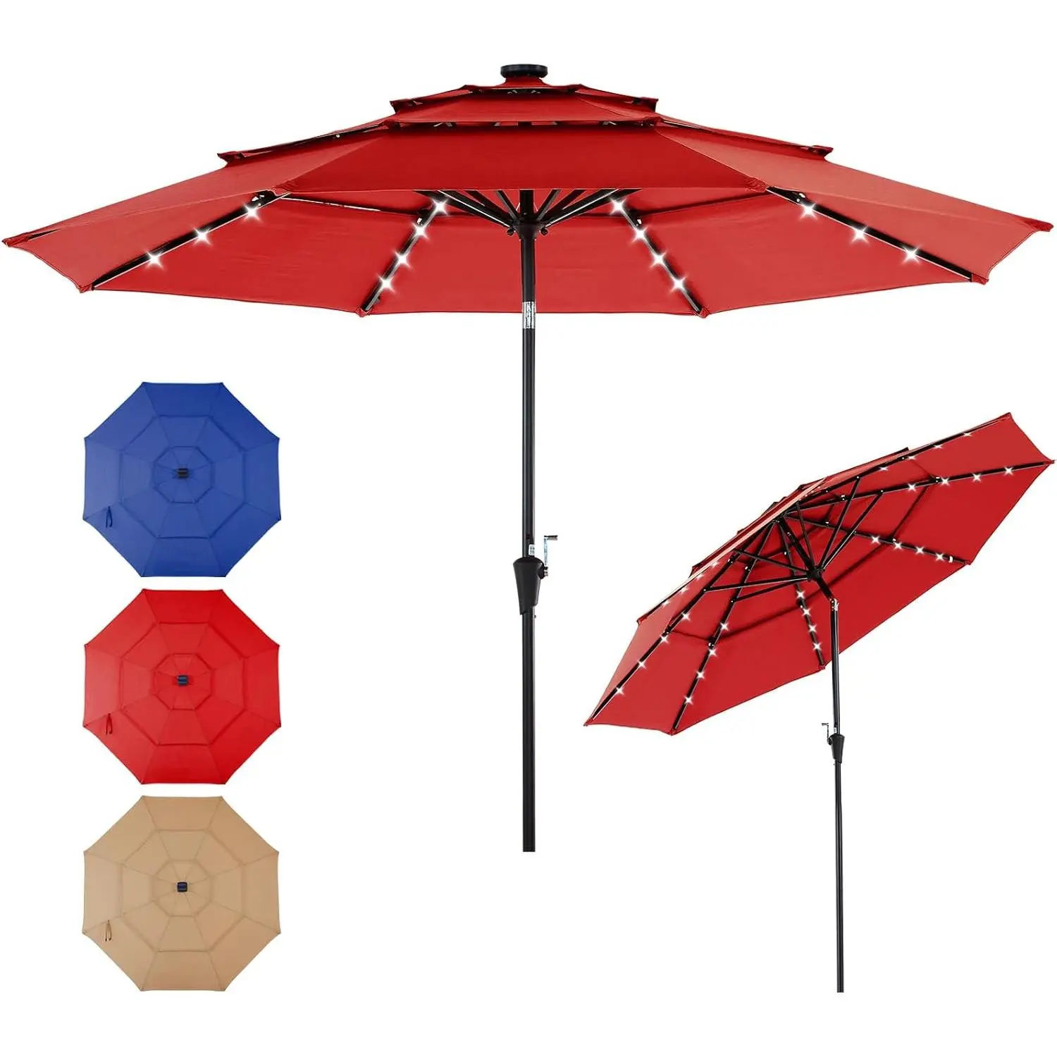 10FT 3 Tier Patio Umbrella with 32 LED Lights, 8 Ribs Outdoor Table Umbrella with Crank, Waterproof Market Umbrella for Pool, Beach, Terrace and Outdoor Restaurant
