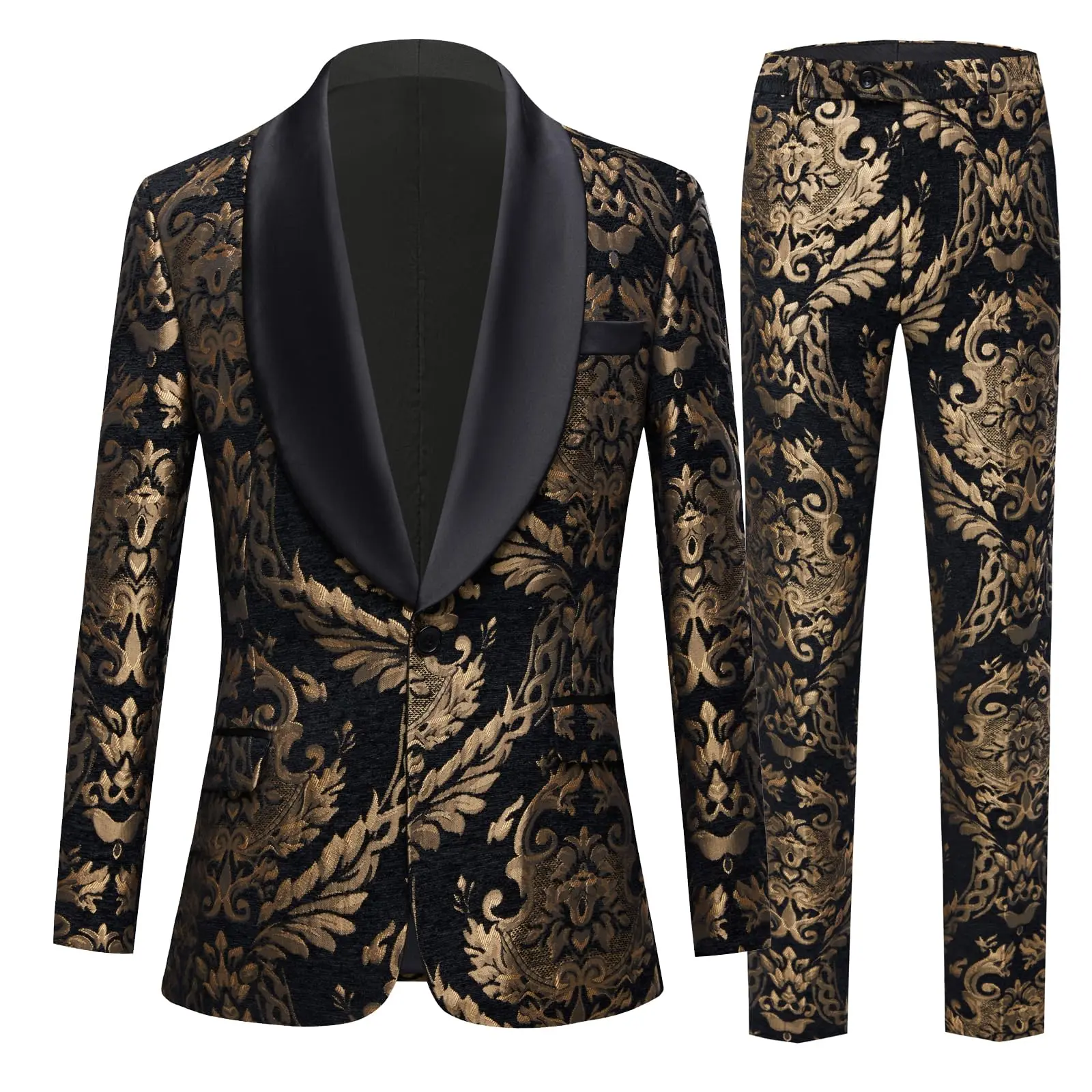 Men's Slim-Fit 2-Piece Jacquard Tuxedo Suit Set, Gold & Black Shawl Lapel Formal Wear for Weddings, Prom, Menswear, Jacquard Weave, Slim-Fit Cut