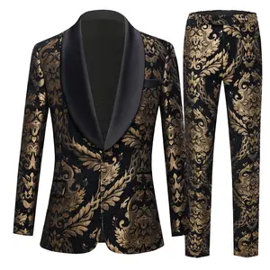 Mens Jacquard Slim-Fit 2-Piece Shawl Lapel Tuxedo Suit Set for Wedding, Party and Prom -Gold& Black