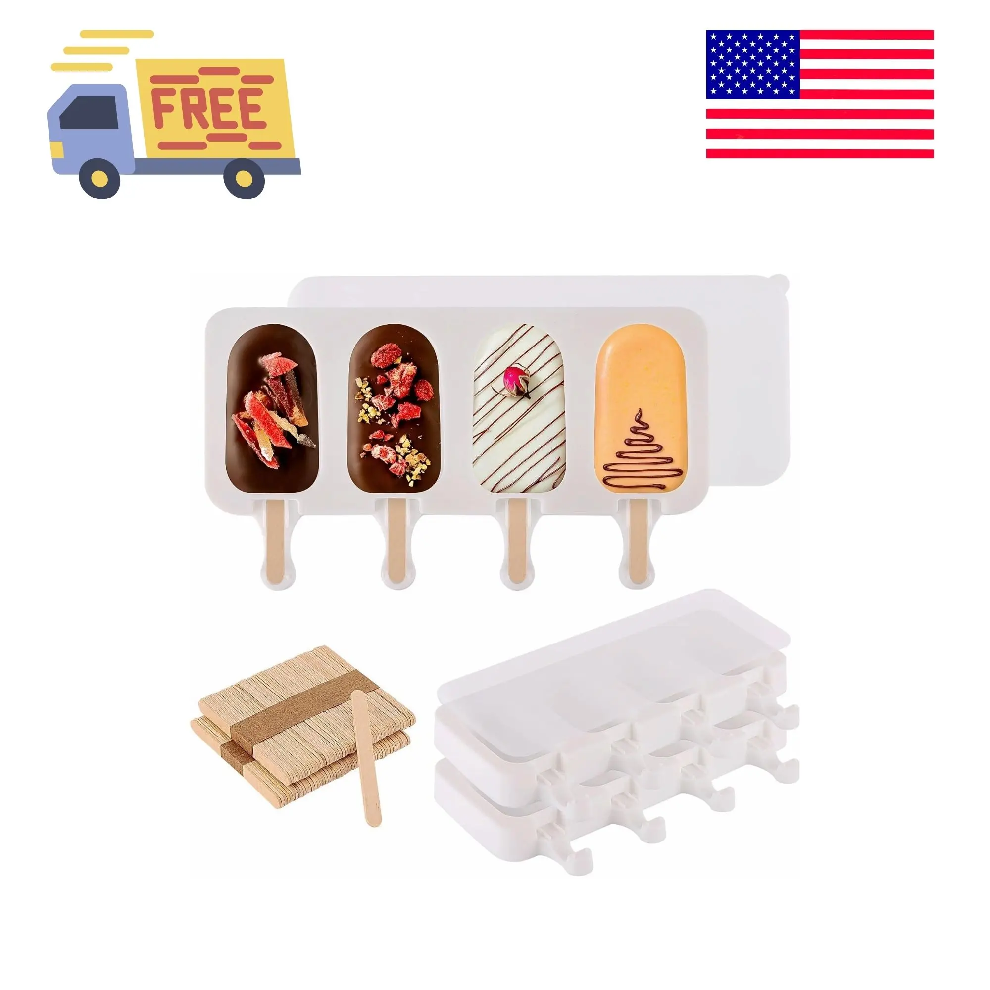 3 Set Popsicles Molds with Lids and 100 Pcs Wooden Popsicles Sticks white