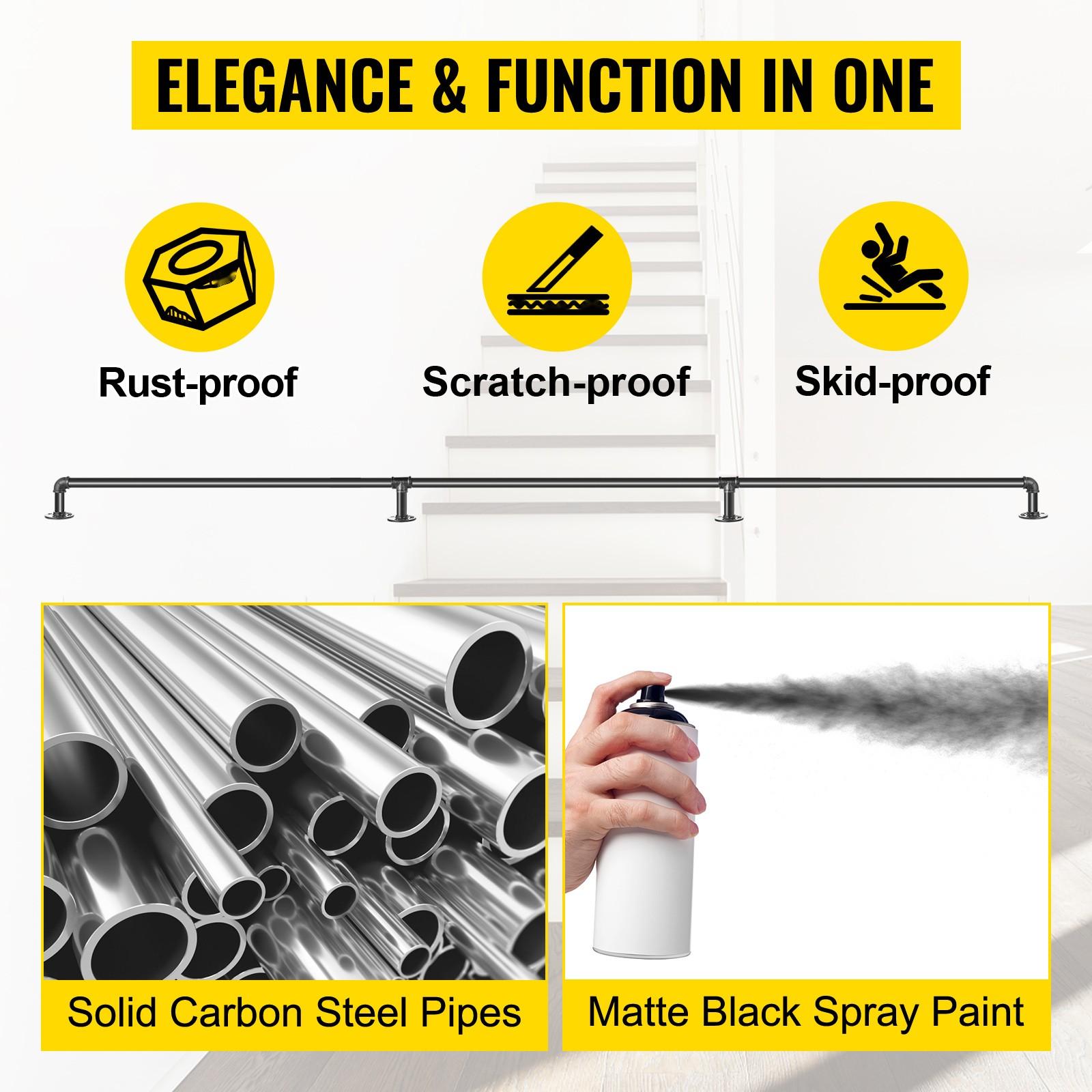 Pipe Stair Handrail, 9 Ft Staircase Handrail, 440 Lbs Load Capacity Carbon Steel Pipe Handrail, Industrial Pipe Handrail With Wall Mount Support, Round Corner Wall Rails For Indoor And Outdoor Use