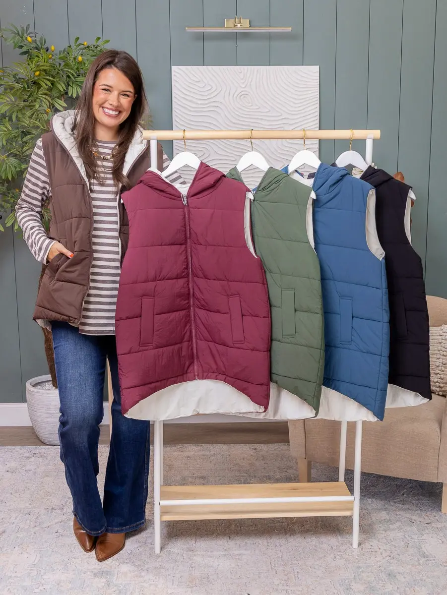 Men's Solid Long Reversible Puffer Vest by DD Design, Casual Nylon-Polyester Tops with Pockets, S-3XL