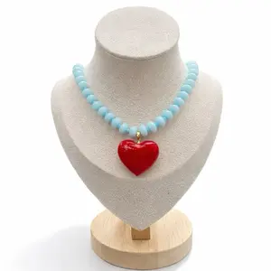 Amazonite Beaded Necklace murano Red Heart Charm, Natural Amazonite Stone Necklace, Turquoise Blue Gemstone Jewelry, Romantic Gift for Her- Murano handmade heart