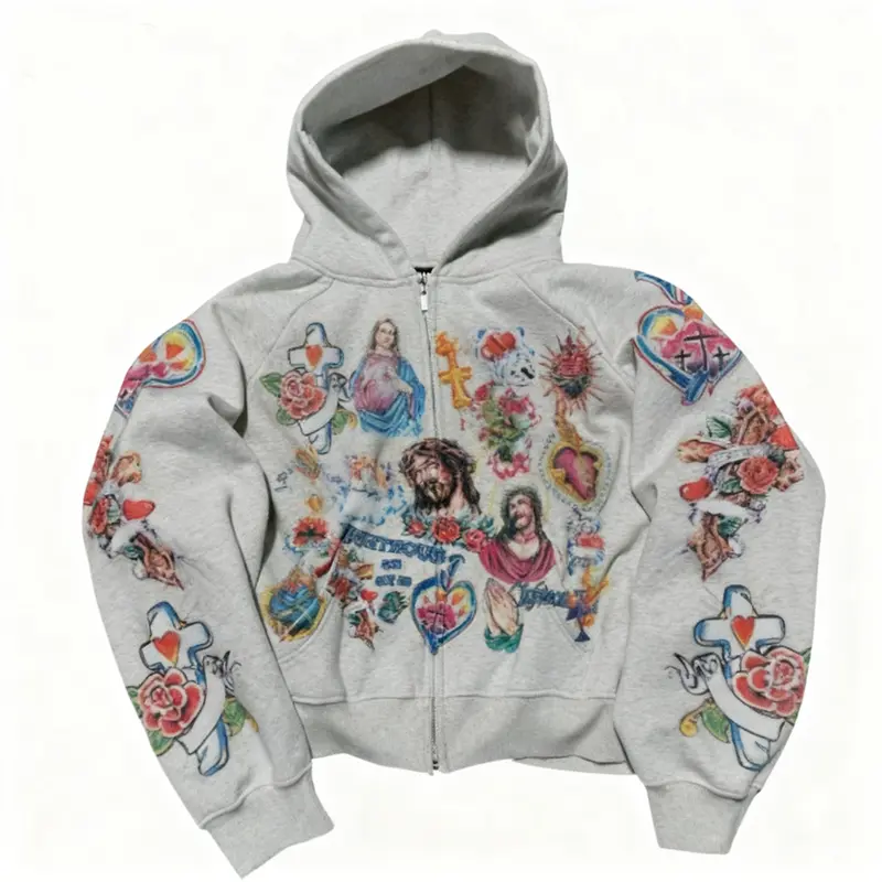 Y2K Religious Tattoo Pattern Zip-Up Hoodie - Cropped Street Style Pullover Sweatshirt, Artistic Print, Casual Loose Fit, Jesus Faith Jacket, Unisex