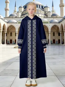Muslim Girls Hooded Robe, Diamond Pattern Sleeve Decor, Loose Breathable Islamic Clothing for Children, Kids Muslim Fashion