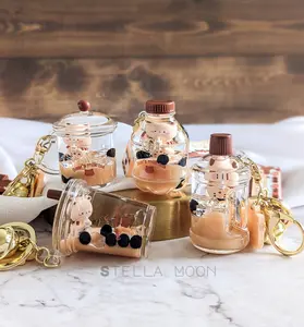 Bear's Bubble Tea Liquid Keychain, Boba Milk Key Ring, Accessory, Black Pearl Key Charm, Tea Cup Design, Tapioca Ball Drink Design, Shaker, Beverage cute keychain