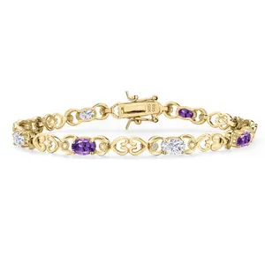 Gem Stone King Gemstone Birthstone and Moissanite Heart Link Tennis Bracelet for Women | 18K Yellow Gold Plated Silver | Oval 6X4MM | 7.25 Inch Length | Double Locking Fold Over Clasp | Jewelry for Her Mom Wife