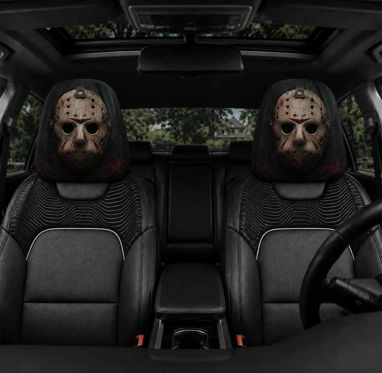Jason Voorhees Car Headrest Cover – Hockey Mask Auto Headrest Protector, Spooky Horror Movie Car Accessories, Universal Fit