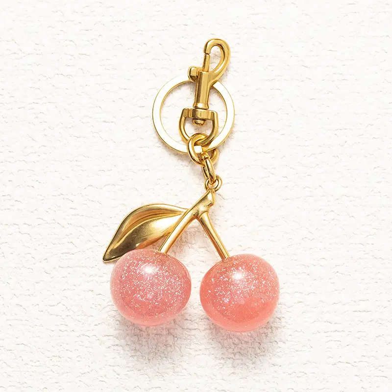 Pink Cherry Bag Charm with Key Ring, Adorable Cherry Keychain, Fashionable Purse Decoration Accessory for Her