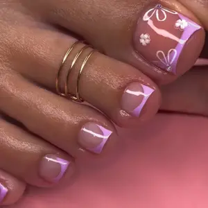 36pcs French Tip Toe Nails, Short Square Nude Base with V-Edge, Floral Rhinestone Decor, All Seasons, Beach Pool Vacation Daily Wear