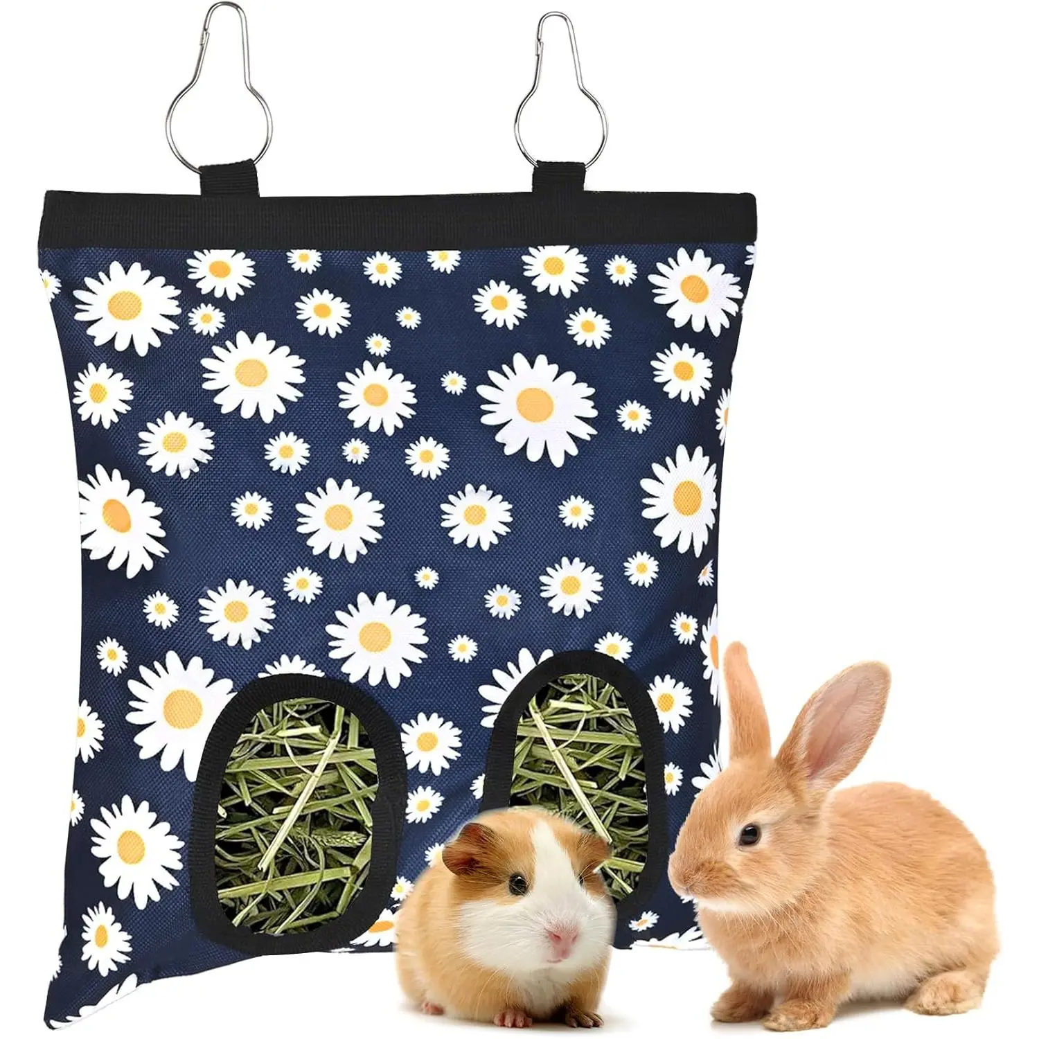 Upgraded Rabbits Hay Feeder Bag for Bunny, Guinea Pigs, Chinchillas - Hanging Washable 2-Hole Hay Dispenser with 600D Oxford Fabric, Small  Cage Accessories (Blue Daisy)