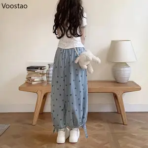 Japanese Sweet Wide Leg Casual Pants Women Harajuku Cute Print Loose Trousers Spring Girls Vintage Sweatpants Kawaii Bloomers