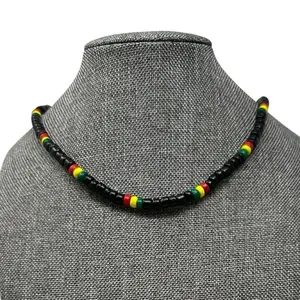 Rasta Reggae Wooden Beaded Necklace 17 Inches Black or Rasta Black Jamaican African Inspired Minimalist Design Lightweight Comfortable Unisex Style