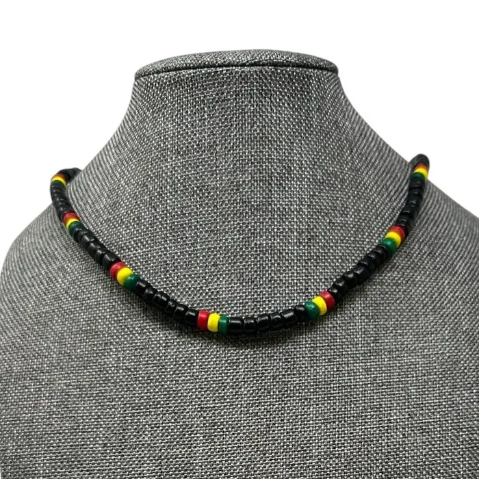 Rasta Reggae Wooden Beaded Necklace 17 Inches Black or Rasta Black Jamaican African Inspired Minimalist Design Lightweight Comfortable Unisex Style Jewelry Accessory