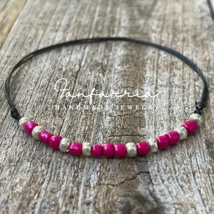 Seashore, Fuchsia Beaded Anklet, Waxed Cord Adjustable Anklet, Waterproof