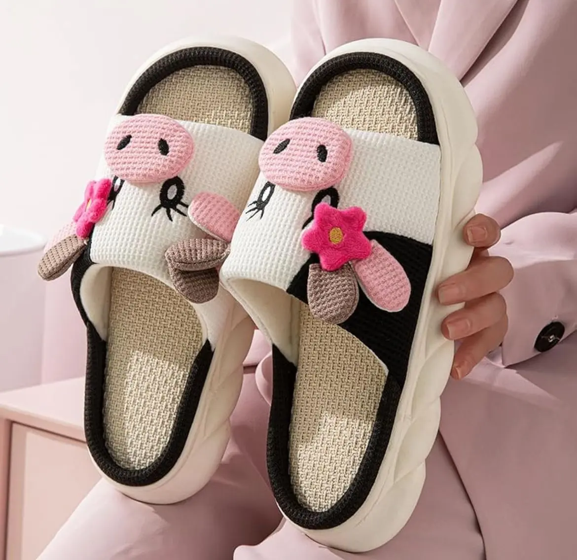 Animal Drawing Slippers with Pink Flowers Pantuflas De Dibujos De Animales Comfortable Design Shoes