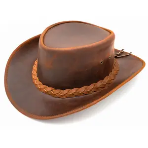 Equine Care Genuine Cowhide Western Outback Hat for Men & Women - Leather Cowboy Hat with Shapeable Brim & Chin Strap, Rustic Brown