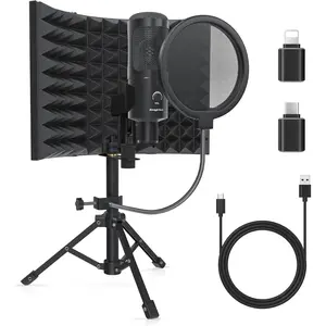 Studio Recording Microphone Isolation Shield with Pop Filter and Metal Tripod Stand, Studio Mic to PC Laptop Smartphone, Music Microphone for Recording Singing Podcasting
