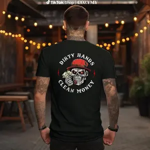 Men's 100% Cotton Casual Crew Neck T-Shirt - "Dirty Hands Clean Money" Skull Graphic, Short Sleeve, Soft and Comfortable, Ideal for All Seasons