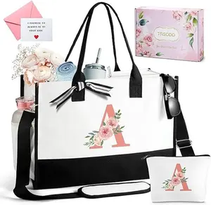TRSODD Ini-tial Tote Bag for Women, Mothers Day Gifts w Makeup Bag, Personalized Friend Birthday Bridesmaid Teacher Gifts