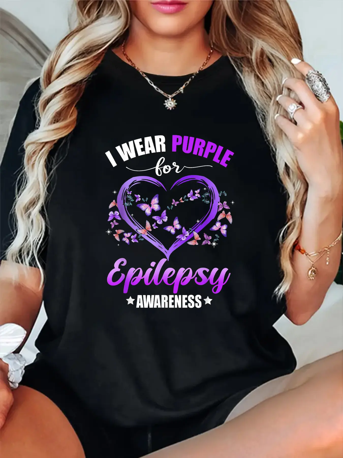 100% Cotton Unisex Epilepsy Awareness Purple Print Crew Neck T-Shirt, Women Graphic T Shirts, Casual Short Sleeve T-Shirt For All Seasons, Women'S Clothing
