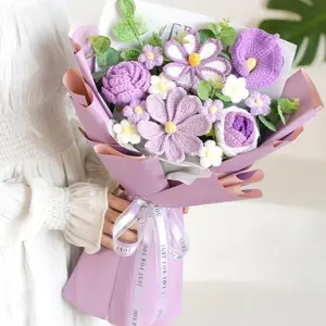 Knitted Crochet Flowers Completed Bouquet Roses Daisy Fairy Light Gift Card Bag Kit for Mother Teacher Valentine Birthday Wedding Home Decor