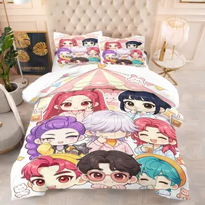 Kawaii K-Pop Idol Group Comforter Set, Soft Breathable Pastel Anime Bedding, 1 Quilt + 1/2 Pillowcases, All-Season Cute Chibi K-Pop Quilt for Teens Bedroom, Dorm & Fan Room Decor, Twin/Full/Queen Size