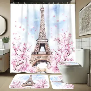 Paris Eiffel Tower Bathroom Set, Includes Soft Shower Curtain, Mat, Toilet Seat Cover, Elegant Decor, 1/4 Piece Bath Ensemble, Shower Curtain Sets